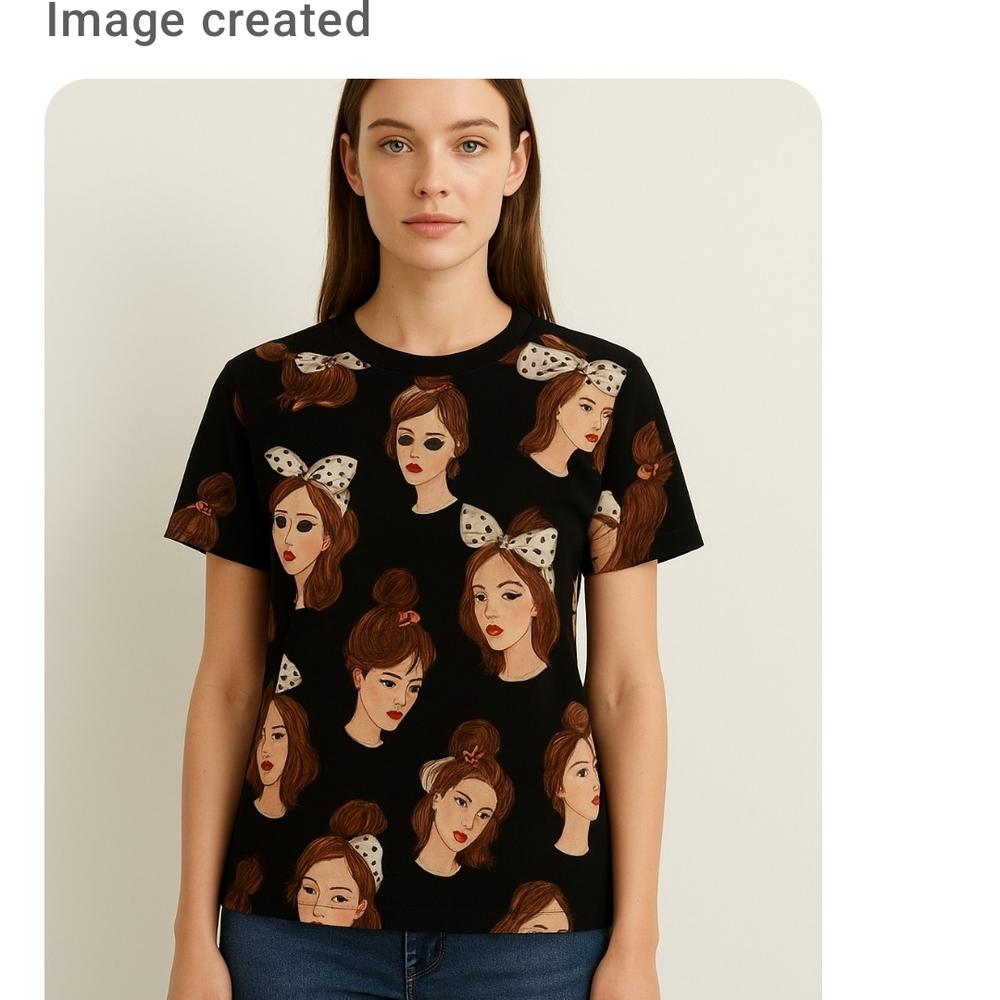 Zara Black Tee with Illustrated Faces and Bow Accents